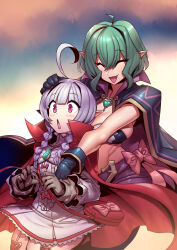 Rule 34 | 2girls, absurdres, alternate costume, breasts, closed eyes, cosplay, female, female focus, fire emblem, fire emblem awakening, green hair, grey hair, highres, hug, hug from behind, large breasts, morgan (female) (fire emblem), morgan (fire emblem), multiple girls, nah (fire emblem), nintendo, nowi (fire emblem) (cosplay), pointy ears, purple eyes, shorts, siblings, sisters, small breasts, tsuki wani, tsukiwani, tukiwani, yuri