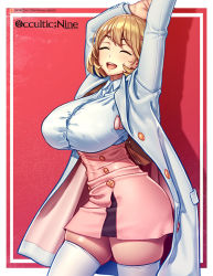 Rule 34 | 1girl, arms up, breasts, brown eyes, brown hair, bursting breasts, hair ornament, hairclip, heart, heart hair ornament, huge breasts, narusawa ryouka, necktie, nikichen, occultic;nine, open mouth, plaid, plaid skirt, raised eyebrows, shirt tucked in, short hair, skindentation, skirt, smile, solo, thick thighs, thighhighs, thighs, white thighhighs