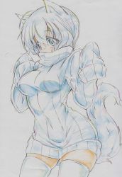 Rule 34 | 1girl, absurdres, alternate breast size, animal ears, bad id, bad pixiv id, blue eyes, breasts, colored pencil (medium), female focus, highres, inubashiri momiji, kitazinger, ribbed sweater, short hair, sleeves past wrists, solo, sweater, tail, thighhighs, touhou, traditional media, white hair, white thighhighs, wolf ears, wolf tail, zettai ryouiki