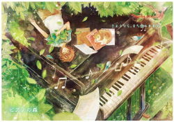 Rule 34 | 1boy, beamed eighth notes, beamed sixteenth notes, bird, brown hair, calligraphy brush (medium), cat, eighth note, forest, ichinose kai, instrument, lying, male focus, musical note, nature, on back, outdoors, painting (medium), partially translated, piano, piano no mori, quarter note, sakura (apostrophe), sheet music, shirt, solo, t-shirt, traditional media, translation request, watercolor (medium)