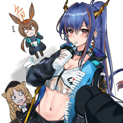 Rule 34 | 1other, 3girls, alternate costume, ambiguous gender, amiya (arknights), animal ears, arknights, ascot, belt, beret, bikini, black belt, black collar, black gloves, black headwear, black jacket, black legwear, blue ascot, blue hair, blue skirt, blush, breasts, brown hair, ch&#039;en (arknights), cleavage, collar, collarbone, commentary request, cup, doctor (arknights), dragon girl, dragon horns, dragon tail, drill hair, drinking, earpiece, gloves, hair intakes, hat, holding, holding cup, horns, infection monitor (arknights), jacket, long hair, looking at viewer, medium breasts, multicolored hair, multiple girls, navel, o o, open clothes, open jacket, orange hair, pantyhose, ponytail, pov, pov hands, rabbit ears, red eyes, red hair, shirt, side drill, simple background, skirt, srpzk, stomach, streaked hair, swimsuit, swire (arknights), tail, tiger ears, twin drills, white background, white bikini, white shirt