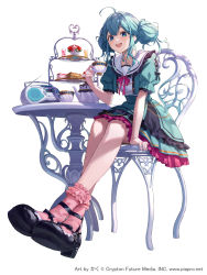 Rule 34 | 1girl, ahoge, alternate costume, alternate hairstyle, aqua dress, aqua eyes, aqua hair, arm support, artist name, black footwear, blush, bow, bowtie, buttons, chair, collar, collarbone, commentary request, copyright name, cup, double-breasted, double bun, dress, english text, food, foreshortening, frilled collar, frilled dress, frilled sleeves, frilled socks, frills, hair bun, hatsune miku, highres, holding, kakutasu, legs, medium hair, mixed-language commentary, official art, open mouth, pastry, pink bow, pink bowtie, pink socks, radio, shadow, short sleeves, sidelocks, simple background, sitting, socks, solo, stereo, teacup, teapot, teeth, two side up, upper teeth only, vocaloid, white background