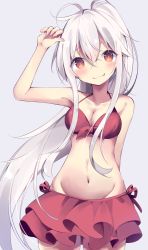 Rule 34 | 1girl, :3, ahoge, arm up, bare arms, bare shoulders, bikini, blush, breasts, brown eyes, chiya (urara meirochou), cleavage, closed mouth, collarbone, commentary request, cowboy shot, fang, fang out, fingernails, grey background, groin, hair between eyes, head tilt, high ponytail, highres, kyuukon (qkonsan), long hair, medium breasts, nail polish, navel, pink nails, ponytail, red bikini, silver hair, simple background, solo, swimsuit, urara meirochou, very long hair