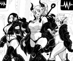Rule 34 | 3girls, breast press, breasts, cleavage, highres, huge breasts, large breasts, leg armor, lewdamone, looking at another, multiple girls, nico robin, one piece, vegapunk lilith, walking, yamato (one piece)