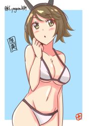 Rule 34 | 10s, 1girl, adapted costume, bikini, blue background, blush, border, breasts, brown hair, cleavage, clenched hand, collarbone, female focus, green eyes, headband, headgear, kantai collection, large breasts, looking to the side, mutsu (kancolle), open mouth, short hair, simple background, solo, swimsuit, twitter username, underboob, white bikini, white border, yagara (kishimen f)