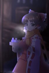 Rule 34 | 1girl, bare shoulders, bow, breath, breathing, brown eyes, brown hair, brown scarf, closed mouth, commentary request, detached sleeves, frilled bow, frills, hair bow, hair tubes, hakurei reimu, hakurei shrine, highres, holding, long skirt, long sleeves, looking at viewer, min1223, mittens, night, outdoors, red bow, red mittens, red skirt, red vest, ribbon-trimmed sleeves, ribbon trim, scarf, short hair, sidelocks, skirt, smile, solo, touhou, upper body, vest, wide sleeves
