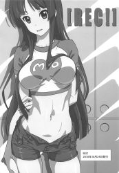 Rule 34 | 1girl, akiyama mio, arm behind head, artist request, breasts, highres, k-on!, large breasts, long hair, looking at viewer, midriff, monochrome, navel, shirt, short, smile, solo, thighs, unbuttoned, very long hair