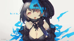 Rule 34 | 1girl, adjusting mask, alice (sinoalice), anniversary, beret, black gloves, black hair, black mask, blue flower, blue rose, breasts, cleavage, elbow gloves, flower, gloves, hat, ji no, looking at viewer, mask, mouth mask, official art, open mouth, red eyes, rose, short hair, sinoalice, solo, surgical mask