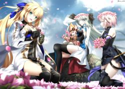 Rule 34 | 4girls, absurdres, ahoge, armor, armored dress, artoria caster (fate), artoria caster (third ascension) (fate), artoria pendragon (fate), baggy pants, bare shoulders, black bow, black dress, black footwear, black gloves, black thighhighs, blonde hair, blue bow, blue eyes, blue sky, blush, boots, bow, braid, breasts, button eyes, buttons, center opening, cleavage, cleavage cutout, closed eyes, clothing cutout, dress, elbow gloves, fate/grand order, fate (series), field, flower, flower field, flower wreath, foo (pixiv54892036), gloves, green eyes, grey hair, habetrot (fate), hair bow, half up braid, hat, head wreath, highres, hood, hooded jacket, jacket, kneeling, large breasts, light purple hair, long hair, long sleeves, looking at viewer, mash kyrielight, medium breasts, morgan le fay (fate), multiple girls, open mouth, pants, pelvic curtain, pink hair, pink headwear, pink jacket, pointy ears, ponytail, purple gloves, red eyes, seiza, short hair, sidelocks, sitting, sky, small breasts, smile, sword, thigh boots, thigh strap, thighhighs, thighs, twintails, two-tone dress, very long hair, weapon, white dress, white pants, wide sleeves