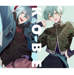 Rule 34 | 2boys, :p, aiue o eiua, akanbe, arms up, belt, black hoodie, black shirt, blue background, blue belt, blue eyes, blue hair, blue jacket, blue pants, commentary request, eyelid pull, green background, green hair, green jacket, highres, hood, hoodie, idolish7, isumi haruka, jacket, letterboxed, long sleeves, looking at viewer, male focus, multiple boys, open mouth, pants, place name, red pants, shirt, short hair, simple background, smile, teeth, tongue, tongue out, upper teeth only, white background, yellow eyes, yotsuba tamaki