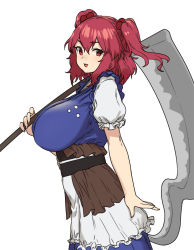 Rule 34 | 1girl, :d, breasts, from side, hair between eyes, hair bobbles, hair ornament, highres, houtengeki, huge breasts, looking at viewer, medium hair, onozuka komachi, open mouth, over shoulder, puffy short sleeves, puffy sleeves, red eyes, red hair, scythe, short sleeves, simple background, smile, solo, touhou, twintails, weapon, weapon over shoulder, white background