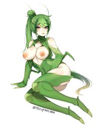 Rule 34 | 1girl, antenna hair, aqua eyes, arthropod girl, ass, bare shoulders, breasts, breasts out, carapace, commentary, full body, green hair, large breasts, long hair, looking at viewer, monster girl, nipples, open mouth, original, ponytail, simple background, sitting, solo, terupancake, twitter username, very long hair, white background, yokozuwari