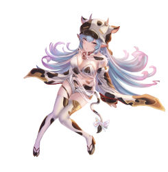 Rule 34 | 1girl, absurdres, animal ears, aqua hair, blush, bow, breasts, catura (granblue fantasy), cleavage, commentary request, cow ears, cow hat, cow tail, detached sleeves, ear piercing, granblue fantasy, highres, long hair, long sleeves, multicolored hair, patterned clothing, piercing, pink eyes, purple hair, see-through, shorts, solo, streaked hair, sylnice, tabi, tail, tail bow, tail ornament, thighhighs, open fly, white thighhighs
