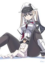 Rule 34 | 10s, 1boy, 1girl, admiral (kancolle), anchor, between legs, blonde hair, blush, breasts, capelet, crossed arms, giant, giantess, graf zeppelin (kancolle), hair between eyes, hat, highres, impossible clothes, jacket, kantai collection, long hair, long sleeves, looking at another, looking down, medium breasts, military, military uniform, naval uniform, necktie, open mouth, pants, pantyhose, peaked cap, purple eyes, red necktie, seo tatsuya, shoes, sitting, size difference, twintails, twitter username, uniform, white footwear, white hat, white jacket, white pants