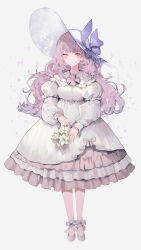 Rule 34 | 1girl, :o, absurdres, ankle ribbon, belda34, blunt bangs, blush, braid, commentary, dress, expressionless, flower, frilled dress, frills, full body, grey hair, hat, highres, holding, holding flower, leg ribbon, long sleeves, looking at viewer, messy hair, original, puffy long sleeves, puffy sleeves, ribbon, simple background, solo, sparkle print, sun hat, symbol-only commentary, tachi-e, white dress