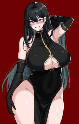 Rule 34 | 1girl, absurdres, armpits, bare shoulders, black dress, black gloves, black hair, borrowed character, breasts, classy-black-haired girl (hayabusa), clenched teeth, clothing cutout, commentary request, dress, earrings, elbow gloves, gloves, hair between eyes, hella p, highres, jewelry, large breasts, long hair, looking at viewer, mole, mole on breast, mole under eye, mole under mouth, original, purple eyes, red background, simple background, smile, solo, teeth, thighs, underboob cutout
