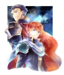 Rule 34 | 2boys, armor, blue eyes, blue hair, cape, eliwood (fire emblem), fire emblem, fire emblem: the blazing blade, fire emblem heroes, gloves, hector (fire emblem), kuzumosu, long hair, looking at viewer, multiple boys, nintendo, open mouth, red hair, short hair, simple background, smile