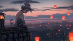 Rule 34 | 1girl, bare shoulders, blonde hair, blue eyes, cloud, from side, ghostblade, hair up, highres, interlocked fingers, landscape, lantern, looking afar, mole, mole under eye, original, outdoors, own hands clasped, own hands together, paper lantern, sad, scenery, sky, sky lantern, solo, sunset, wind, wlop