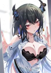 1girl against_glass asymmetrical_horns black_bra black_hair blue_hair blush bra chariot_(teachariot828) collared_shirt colored_inner_hair demon_horns highres hololive hololive_english horns lace lace-trimmed_bra lace_trim long_hair looking_at_viewer mole mole_under_eye multicolored_hair nerissa_ravencroft open_clothes open_shirt red_eyes shirt solo underwear virtual_youtuber white_shirt