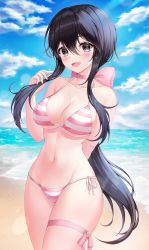 Rule 34 | 1girl, :d, arm behind back, bare arms, bare shoulders, beach, bikini, black eyes, black hair, breasts, choker, cleavage, cloud, cloudy sky, collarbone, commission, cowboy shot, day, fang, groin, halterneck, hand up, highres, kuca (ku ca18), large breasts, long hair, looking at viewer, low ponytail, navel, ocean, open mouth, original, outdoors, pink bikini, pink choker, pixiv commission, side-tie bikini bottom, sky, smile, solo, standing, stomach, string bikini, striped bikini, striped clothes, swimsuit, thigh strap, thighs, very long hair, water