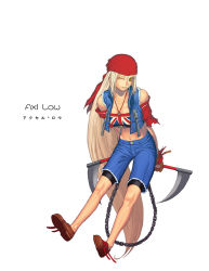 Rule 34 | 1girl, arc system works, arms behind back, axl low, bare shoulders, bike shorts, blonde hair, breasts, bustier, chain, cleavage, denim, flag print, freckles, genderswap, genderswap (mtf), gloves, guilty gear, headband, kusarigama, large breasts, long hair, midriff, navel, nekkeau, one eye closed, orange eyes, shorts, sickle, solo, torn clothes, union jack, very long hair, weapon, white background
