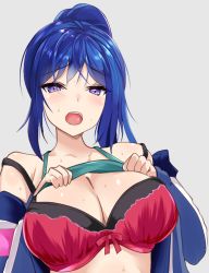 Rule 34 | 10s, 1girl, bikini, blue hair, blush, bodysuit, bonfurai, breasts, cleavage, diving suit, gradient background, grey background, large breasts, long hair, looking at viewer, love live!, love live! school idol festival, love live! sunshine!!, matsuura kanan, open mouth, open wetsuit, ponytail, purple eyes, simple background, solo, standing, sweat, swimsuit, underwear, upper body, wetsuit