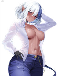 Rule 34 | 1girl, :o, absurdres, arm up, black gloves, blue hair, blue pants, blush, breasts, choker, collared shirt, commentary, commission, dark-skinned female, dark elf, dark skin, denim, elf, gloves, highres, jeans, large breasts, long sleeves, looking at viewer, multicolored hair, navel, open clothes, open shirt, original, pants, pointy ears, purple eyes, shhilee, shirt, short hair, signature, simple background, skeb commission, solo, white background, white hair, white shirt