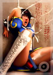 Rule 34 | 1girl, against wall, black hair, blue panties, boots, bracelet, bukkake, bun cover, capcom, china dress, chinese clothes, chun-li, cross-laced footwear, cum, cum in mouth, dildo, double bun, dress, closed eyes, facial, gold trim, jewelry, knee boots, lace-up boots, lips, panties, pantyhose, puffy sleeves, pussy, quaraci, realistic, sash, sex toy, sitting, solo, spiked bracelet, spikes, spread legs, street fighter, uncensored, underwear, vibrator, vibrator under clothes, vibrator under panties