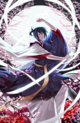 Rule 34 | 1boy, avodkabottle, blue eyes, blue hair, cherry blossoms, closed mouth, commentary, full moon, hair between eyes, hand up, highres, holding, holding sword, holding weapon, japanese clothes, kimono, long sleeves, looking at viewer, male focus, moon, night, noragami, ponytail, smile, solo, sword, weapon, wide sleeves, yato (noragami)