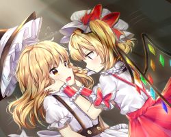 Rule 34 | 2girls, arm ribbon, bad id, bad pixiv id, blonde hair, blush, braid, cheunes, expressionless, eye contact, fang, flandre scarlet, flying sweatdrops, gradient background, grey background, hair ribbon, hands on another&#039;s cheeks, hands on another&#039;s face, hat, unworn hat, hat ribbon, unworn headwear, highres, kirisame marisa, long hair, looking at another, mob cap, multiple girls, open mouth, puffy short sleeves, puffy sleeves, red eyes, red skirt, ribbon, short hair, short sleeves, side ponytail, single braid, skirt, suspenders, touhou, tress ribbon, upper body, wings, witch hat, wrist cuffs, yellow eyes