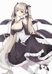 Rule 34 | 1girl, absurdres, azur lane, between breasts, black bow, black dress, black footwear, bow, breasts, cleavage, clothes lift, commentary request, dress, dress lift, formidable (azur lane), frilled dress, frills, hair bow, hand up, high heels, highres, large breasts, long hair, long sleeves, looking at viewer, red eyes, silver hair, simple background, solo, taut clothes, taut dress, twintails, two-tone dress, v, very long hair, white background, white legwear, yuzu-aki