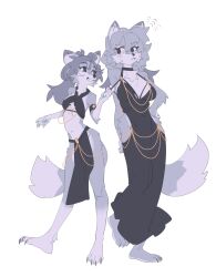 Rule 34 | 2girls, animal ears, artist request, black dress, black eyes, clothing request, dress, furry, furry female, grey hair, multiple girls, navel, original, tail, white background, wolf ears, wolf girl, wolf tail