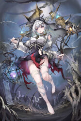 Rule 34 | 1girl, absurdres, armlet, barefoot, black shirt, blush, breasts, chain, condensation, detached sleeves, frilled sleeves, frills, full body, hair ornament, hairclip, highres, holding, holding lantern, holding staff, lantern, long hair, long sleeves, looking at viewer, medium breasts, moon, night, nun, original, parted lips, purple eyes, shirt, skeleton, solo, spiked armlet, spikes, staff, torn clothes, white hair, white shirt, window fog, xun li eins