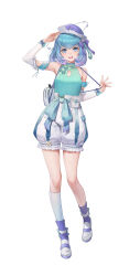Rule 34 | 1girl, :d, arm warmers, asymmetrical legwear, bag, bare shoulders, bekki (vtuber), belt pouch, blue bow, blue eyes, blue hair, blue shirt, blue shorts, bob cut, bow, chinese knot, colored inner hair, footwear bow, full body, gui mi, hair bow, hand up, high-waist shorts, highres, looking at viewer, multicolored hair, official art, open mouth, pouch, puffy shorts, purple bow, purple hair, purple headwear, purple socks, shirt, short hair, shorts, shoulder bag, single sock, sixiwanzi, sleeveless, sleeveless turtleneck, smile, socks, solo, standing, standing on one leg, tachi-e, tassel, teeth, turtleneck, two-tone shorts, upper teeth only, virtual youtuber, white background, white footwear, white shorts