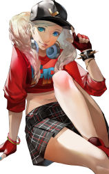 Rule 34 | 1girl, alternate costume, arm support, bare legs, baseball cap, black skirt, blazpu, blonde hair, blue eyes, bracelet, crop top, english text, eyelashes, feet out of frame, fingerless gloves, gloves, hat, headphones, highres, invisible chair, jewelry, knee up, legs, lipgloss, lips, long sleeves, looking at viewer, midriff, navel, persona, persona 5, persona 5: dancing star night, persona dancing, plaid, plaid skirt, pointing, pointing up, red footwear, red shirt, shadow, shirt, simple background, sitting, skirt, smile, solo, swept bangs, takamaki anne, twintails, white background