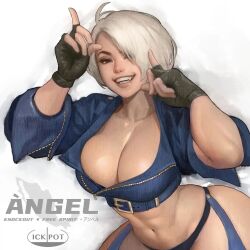 Rule 34 | 1girl, angel (kof), artist name, ass cutout, backless pants, blue eyes, bra, breasts, chaps, cleavage, clothing cutout, crop top, cropped jacket, crotch cutout, horns pose, fingerless gloves, gloves, hair over one eye, highres, horns pose, ickpot, index fingers raised, jacket, large breasts, leather, leather jacket, looking at viewer, midriff, narrow waist, navel, panties, pants, revealing clothes, short hair, smile, snk, solo, standing, strapless, strapless bra, the king of fighters, the king of fighters xiv, thick thighs, thighs, toned, underwear, white background, white hair