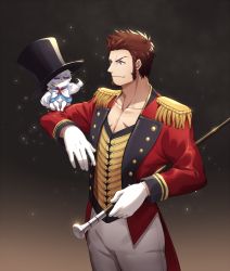 Rule 34 | 00047, 1boy, beard, blue eyes, brown hair, circus, commentary request, creature, epaulettes, facial hair, fate/grand order, fate (series), fou (fate), hat, long sideburns, long sleeves, male focus, napoleon bonaparte (fate), official alternate costume, pants, pectorals, scar, sideburns, smile, solo, uniform, welcome to the travelling circus!
