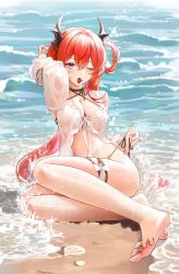 Rule 34 | 1girl, absurdres, arknights, beach, bikini, black bikini, breasts, cherry, cleavage, day, demon girl, demon horns, dpea9, food, fruit, halterneck, highres, horns, large breasts, long hair, looking at viewer, ocean, official alternate costume, one eye closed, open mouth, outdoors, purple eyes, red hair, sand, side-tie bikini bottom, sitting, solo, surtr (arknights), surtr (colorful wonderland) (arknights), swimsuit, swimsuit cover-up, thigh strap, tongue, tongue out