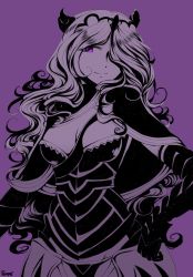 Rule 34 | 1girl, armor, breasts, camilla (fire emblem), cleavage cutout, clothing cutout, fire emblem, fire emblem fates, gauntlets, hair ornament, hair over one eye, highres, large breasts, looking at viewer, monochrome, nintendo, purple background, purple eyes, purple theme, simple background, smile, solo, tempenite, tiara