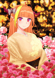 Rule 34 | 1girl, absurdres, blonde hair, blunt bangs, bow, diagonal-striped bow, dragon girl, dragon horns, fang, floral background, floral print, flower, hair bow, highres, hokke (fryinghokke), hololive, horns, japanese clothes, kimono, kiryu coco, long hair, long sleeves, multicolored eyes, multicolored hair, orange hair, pink flower, pointy ears, purple eyes, red eyes, red flower, rose, rose print, smile, solo, streaked hair, striped, striped bow, two-tone hair, upper body, virtual youtuber, yellow kimono