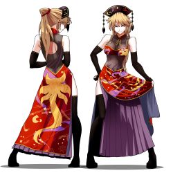 Rule 34 | 1girl, absurdres, adapted costume, ass, back cutout, bare shoulders, black gloves, blonde hair, breasts, clothes lift, clothing cutout, contrapposto, crescent, elbow gloves, fingerless gloves, full body, gloves, hand on own hip, highres, junko (touhou), kikoka (mizuumi), lifting own clothes, long hair, looking at viewer, mature female, medium breasts, multiple views, over-kneehighs, ponytail, profile, red eyes, red skirt, side slit, simple background, skirt, skirt lift, sleeveless, standing, tassel, thighhighs, touhou, white background