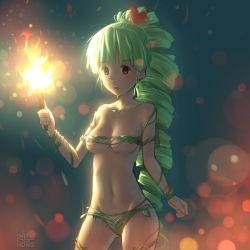 Rule 34 | 1girl, :o, areola slip, blurry, bokeh, breasts, brown eyes, collarbone, cowboy shot, depth of field, drill hair, dryad, dryad (terraria), eyebrows, fire, green hair, groin, hair ornament, heart, heart hair ornament, long hair, looking at viewer, monster girl, navel, open mouth, opticalcore, plant, plant girl, solo, standing, terraria, torch, vines