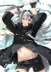 Rule 34 | 1girl, absurdres, alternate eye color, animal ears, arknights, arms up, black gloves, black jacket, black shorts, commentary, cowboy shot, fang, fang out, fingerless gloves, gloves, green eyes, grey hair, hair between eyes, hair intakes, highres, holding, holding sword, holding weapon, jacket, lappland (arknights), long hair, long sleeves, looking at viewer, material growth, midriff, navel, oripathy lesion (arknights), scar, scar across eye, short shorts, shorts, solo, standing, stomach, sword, very long hair, weapon, wolf ears, yuu (yuu yu)