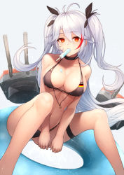 Rule 34 | 1girl, azur lane, bad anatomy, bad id, bad pixiv id, bikini, black bikini, black bow, bow, breasts, cleavage, flag print, food, food in mouth, german flag, german flag bikini, grey background, grey hair, hair between eyes, hair bow, innertube, kyoeiki, large breasts, long hair, looking at viewer, mouth hold, multicolored hair, navel, popsicle, prinz eugen (azur lane), red hair, rigging, sidelocks, simple background, solo, streaked hair, swim ring, swimsuit, turret, two side up, wavy hair