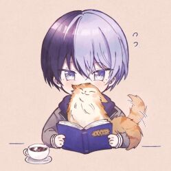 Rule 34 | 1boy, aoyagi touya, artist name, blue eyes, blue hair, blush, book, cat, coffee cup, commentary request, covered mouth, cup, dark blue hair, disposable cup, holding, holding book, long sleeves, male focus, mole, mole under eye, multicolored hair, nozu63, open book, project sekai, saucer, short hair, solo, split-color hair, tail, tail wagging, two-tone hair, upper body