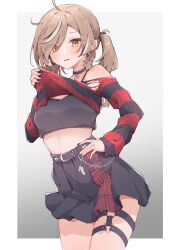 Rule 34 | 1girl, absurdres, ahoge, airenif, belt, black hair, brown eyes, brown hair, camisole, casual, choker, clothes lift, ear piercing, emo fashion, hair over one eye, highres, hololive, hololive english, multicolored hair, nanashi mumei, nanashi mumei (emo), official alternate costume, official alternate hairstyle, piercing, shirt lift, skirt, solo, streaked hair, striped clothes, thigh strap, twintails, virtual youtuber, white hair