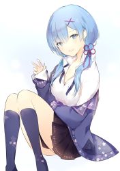 Rule 34 | 10s, 1girl, alternate hair length, alternate hairstyle, blouse, blue eyes, blue hair, breast pocket, cherry blossom print, cherry blossoms, clothes between thighs, collared shirt, contemporary, floral print, hair ornament, hand up, kneehighs, legs together, long hair, looking at viewer, low twintails, lpip, miniskirt, open mouth, pleated skirt, pocket, re:zero kara hajimeru isekai seikatsu, rem (re:zero), shirt, skirt, smile, socks, solo, thighs, twintails, w, white shirt, x hair ornament