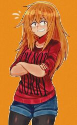 Rule 34 | 1girl, breasts, brown eyes, brown hair, clothes writing, crossed arms, denim, female focus, gamou maki, grin, highres, ijiranaide nagatoro-san, looking at viewer, lueduar, orange background, orange hair, outline, pantyhose, red shirt, shirt, shorts, smile, solo, standing, thick thighs, thighs, white outline