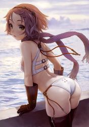Rule 34 | 1girl, arm support, ass, back, bare shoulders, black gloves, black thighhighs, blush, bob cut, bra, breasts, bridge, brown hair, cloud, day, from behind, gloves, hairband, horizon, leaning forward, looking at viewer, looking back, murata range, ocean, open mouth, original, outdoors, panties, railing, scarf, short hair, shoulder blades, sky, solo, thighhighs, thighs, underwear, underwear only, water, wedgie, white bra, white panties, yellow eyes
