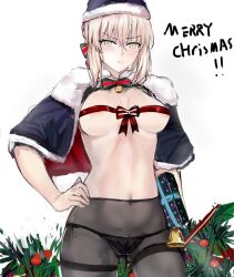 Rule 34 | 1girl, areola slip, artoria pendragon (all), artoria pendragon (fate), bell, black pantyhose, blonde hair, blush, bow, breasts, capelet, christmas, christmas tree, closed mouth, covered navel, fate/grand order, fate (series), gift, hair bow, hand on own hip, hat, jingle bell, long hair, looking at viewer, medium breasts, merry christmas, misaka 12003-gou, panties visible through clothes, pantyhose, red ribbon, ribbon, ribbon bra, saber alter, santa alter, santa hat, simple background, solo, white background, yellow eyes
